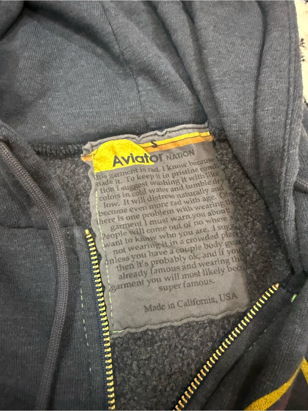 Aviator Nation Charcoal Hoodie with Yellow Trim and Rainbow Tag - Picture 2 of 2